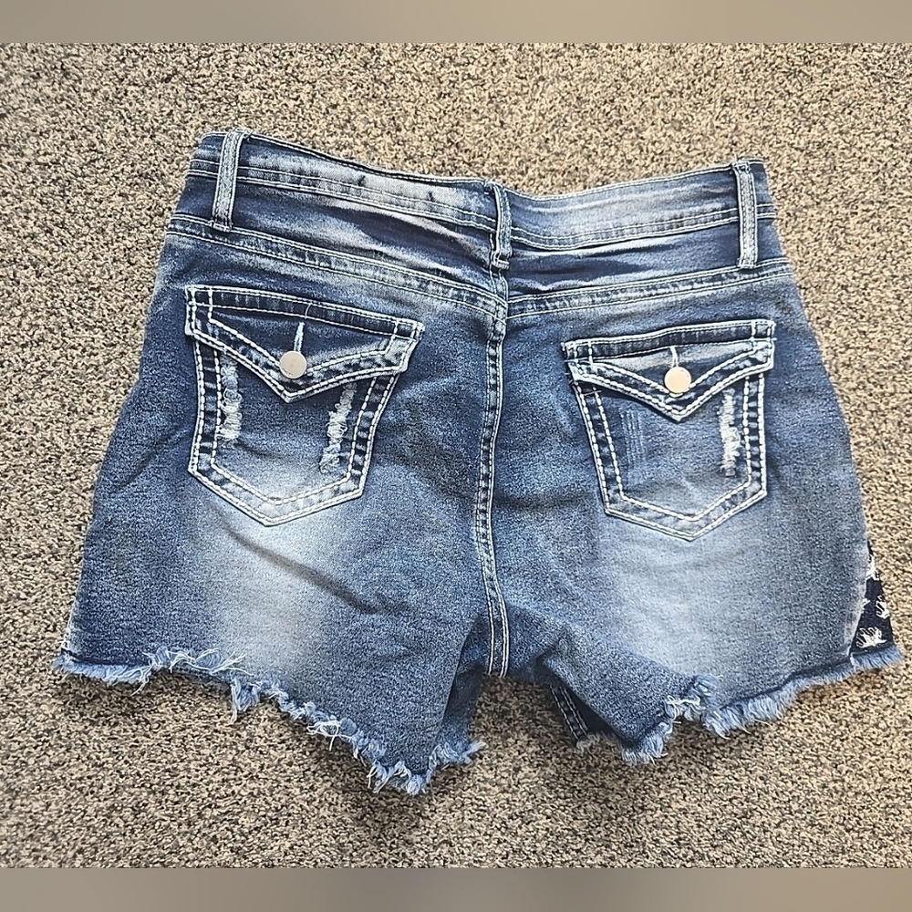 Distressed denim shorts Stars & Stripes Dark Wash High Rise Womens 29 - Picture 9 of 12